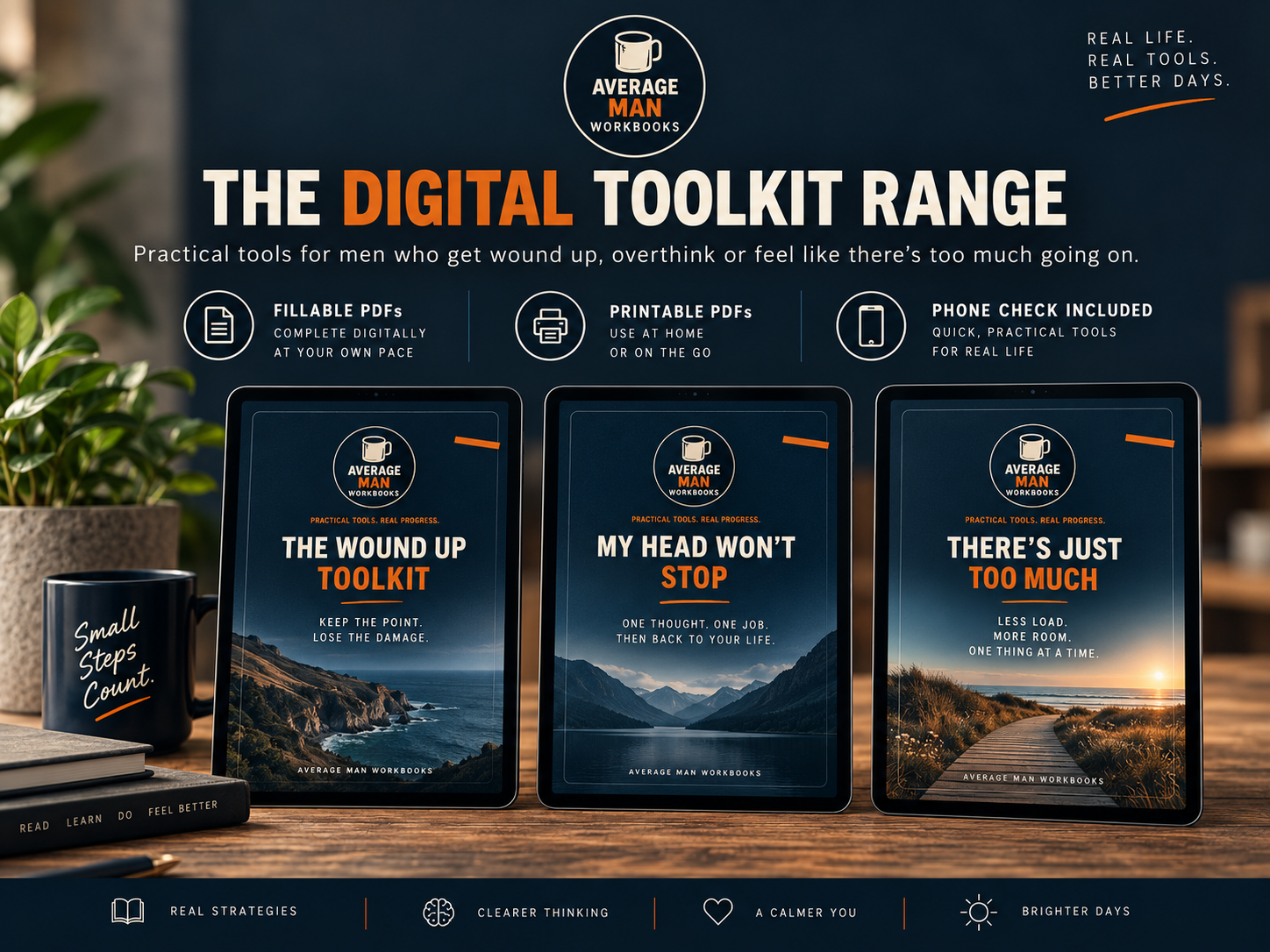 The three Average Man Workbooks digital toolkits